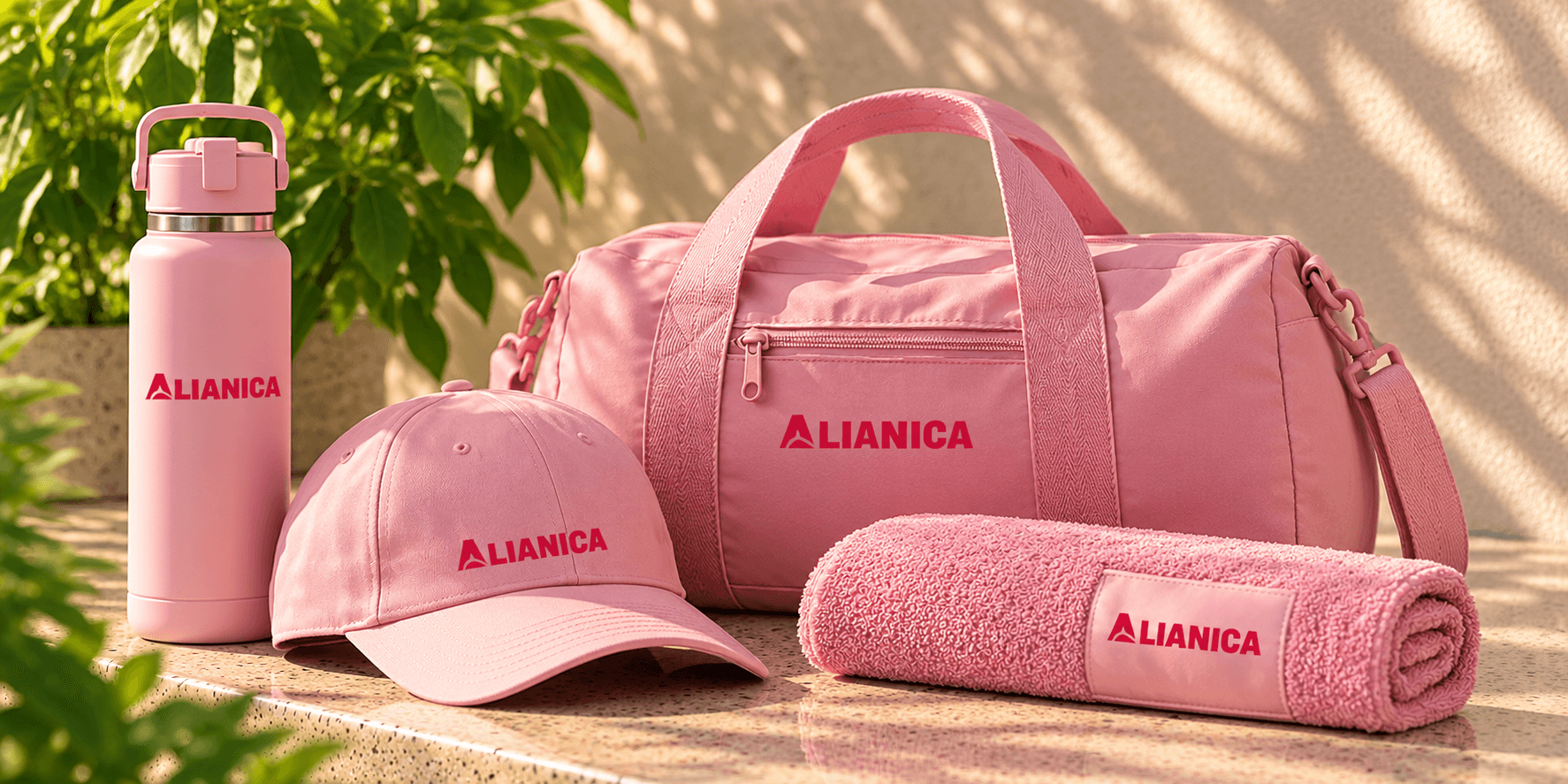 Розовые бутылка, кепка, спортивная сумка и полотенце с логотипом ALIANICA